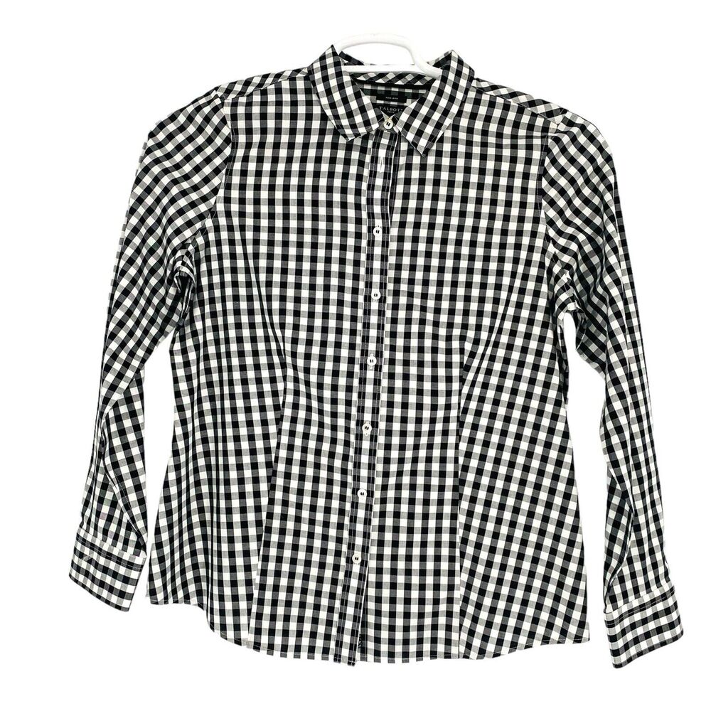 Talbots Women Button Up Blouse Size 2 P Long Sleeve Black Gingham Check‎ Shirt